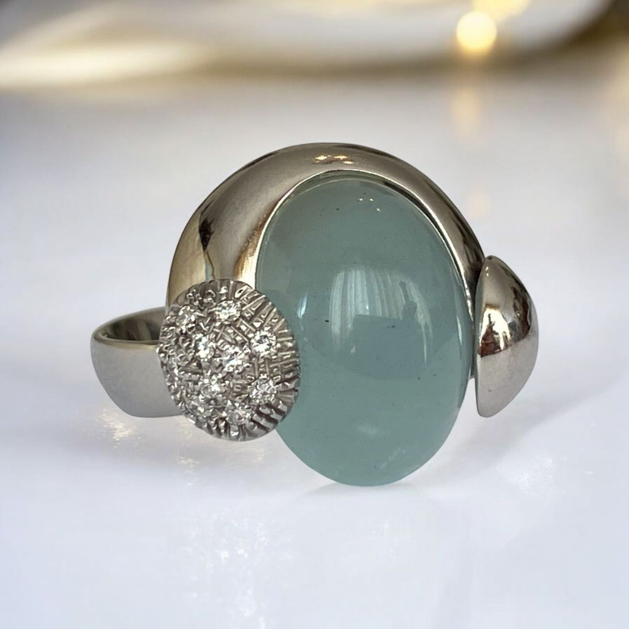 Talento Italiano 18K White Gold Fashion Ring with Cabochon Aquamarine & Diamonds