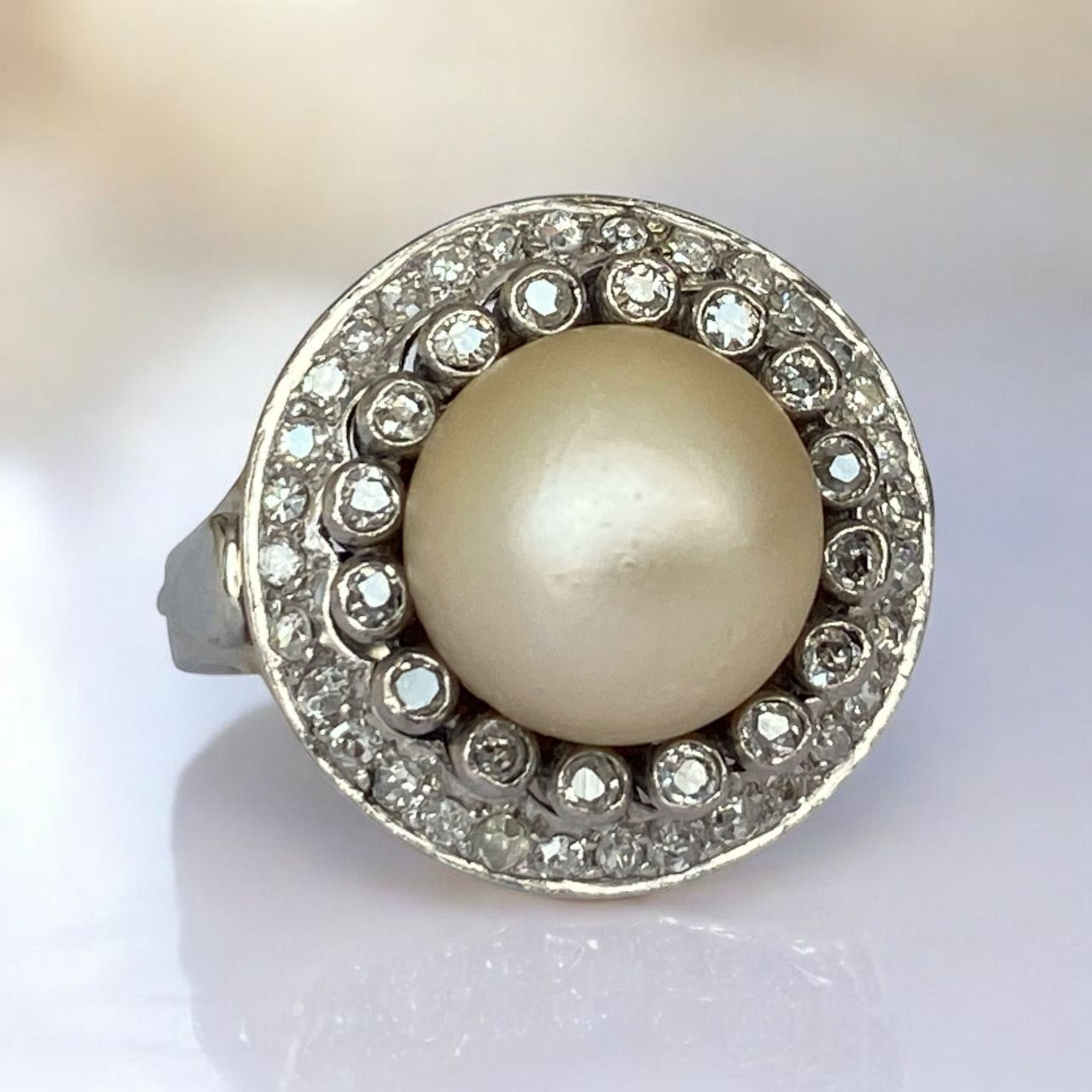 Original Late Art Deco Platinum Cocktail Ring with Diamonds & Pearl
