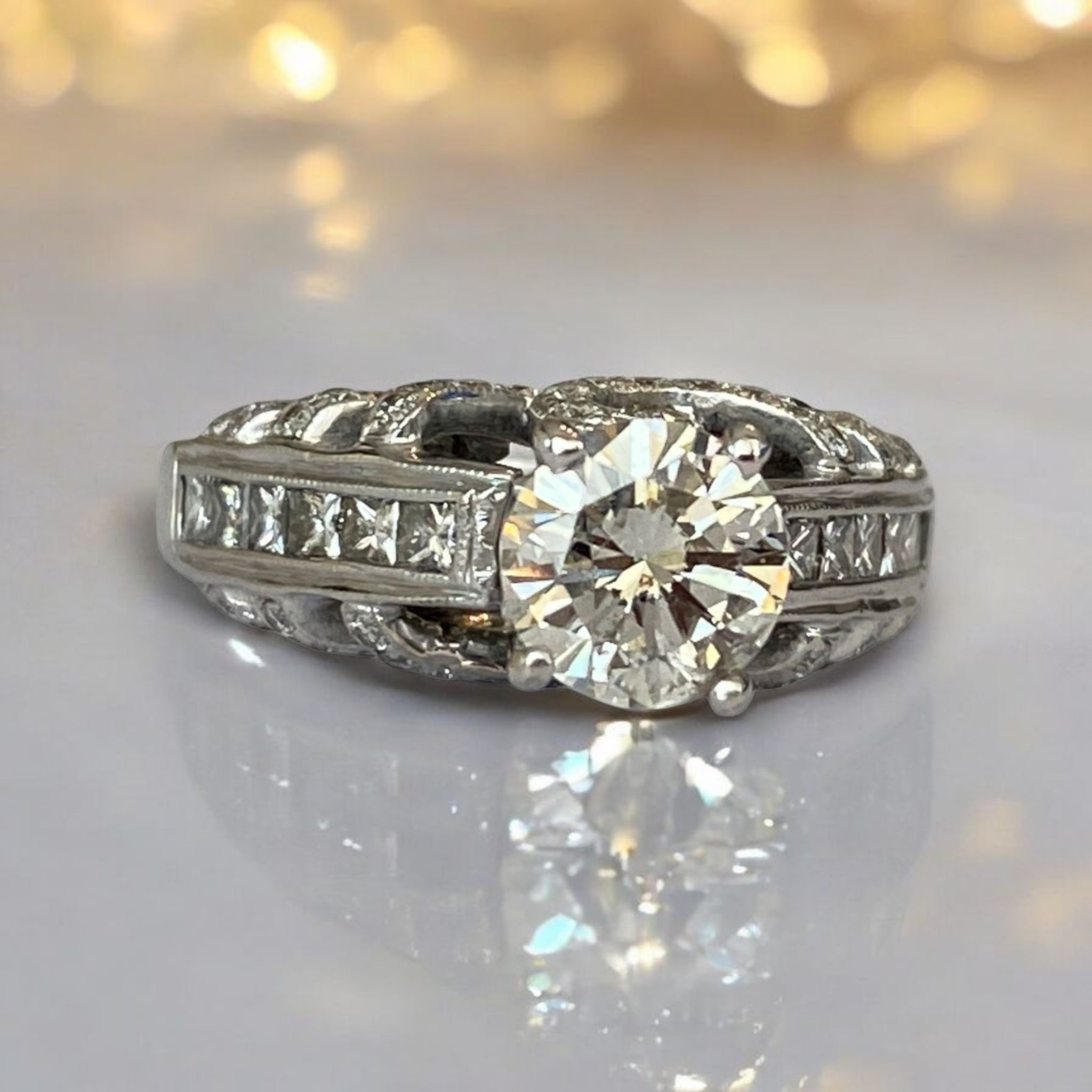 18K White Gold Vintage Solitaire Ring with 1.20 Ct Brilliant Cut Diamond & Additional Diamonds