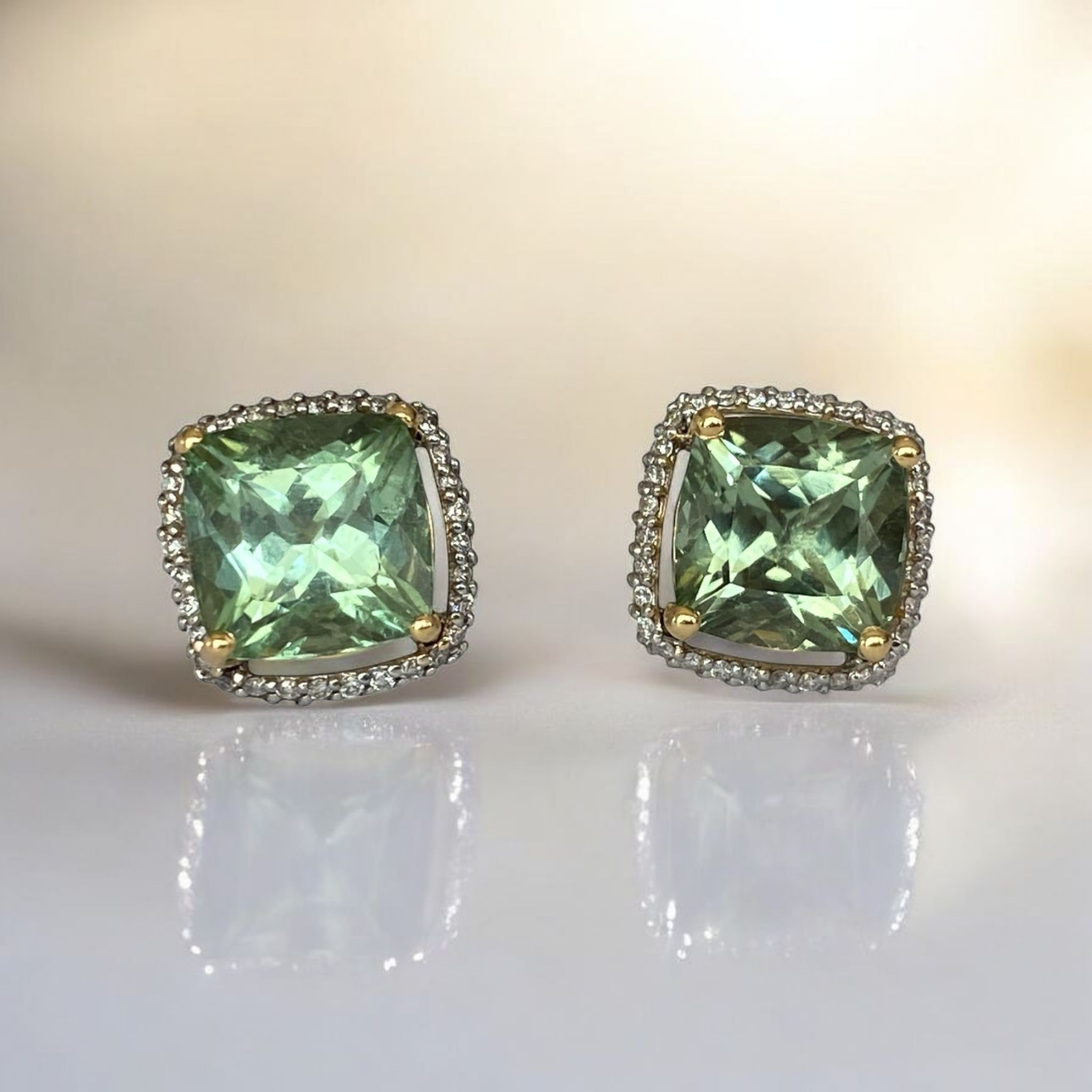 White & Yellow Gold Ear Studs with 5.00 Ct Cushion-Cut Green Tourmalines & Diamond Halo