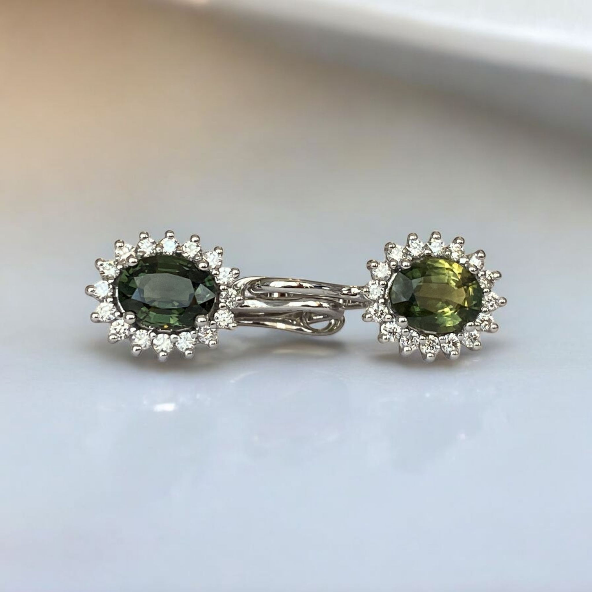18K White Gold Drop Earrings with 3.00 Ct Green Sapphires & Diamonds