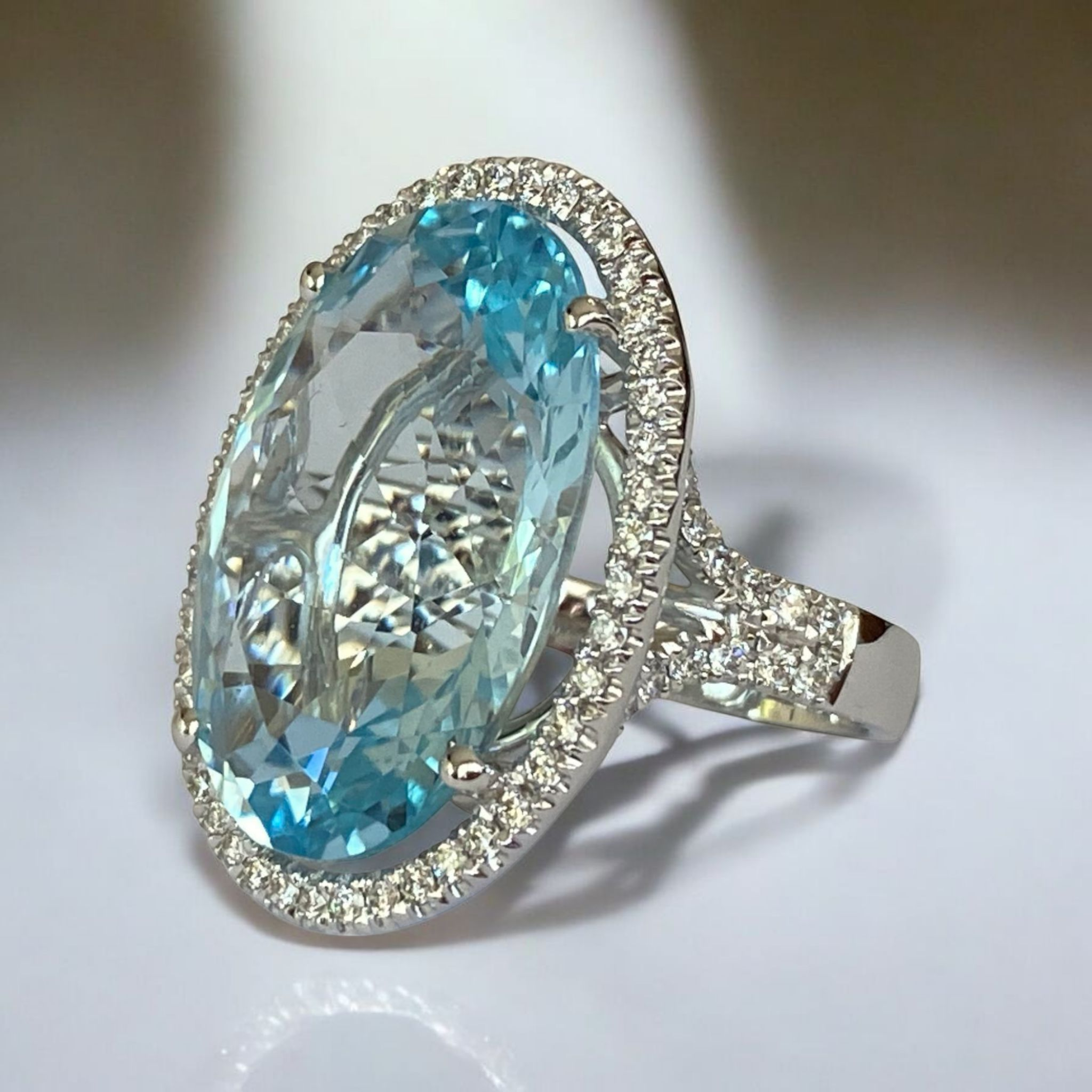 Certified hand made 34 Ct Sky Blue Topaz & Diamond Cocktail Ring in White Gold