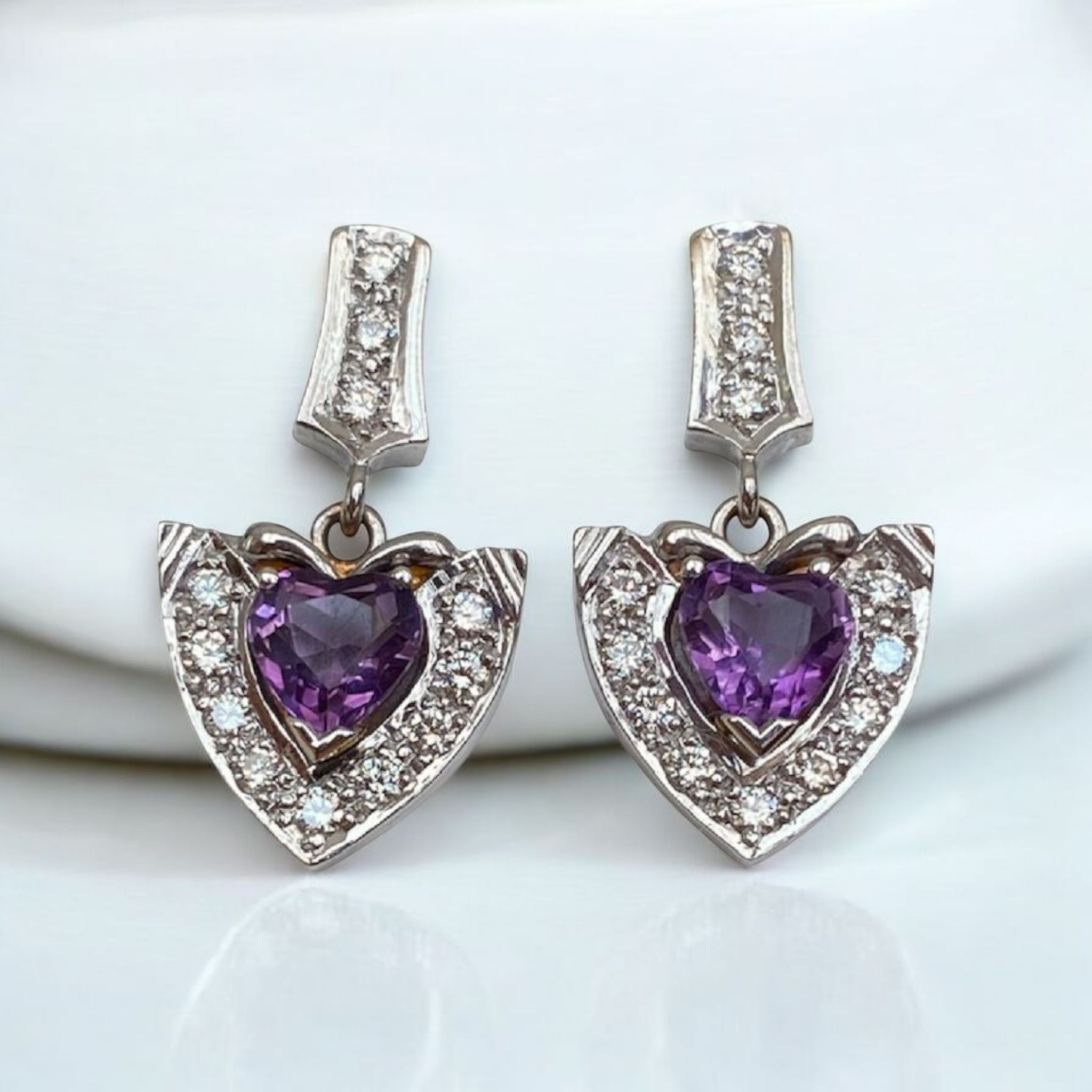 Vintage 18K White Gold Diamond Dangle Earrings with Amethyst
