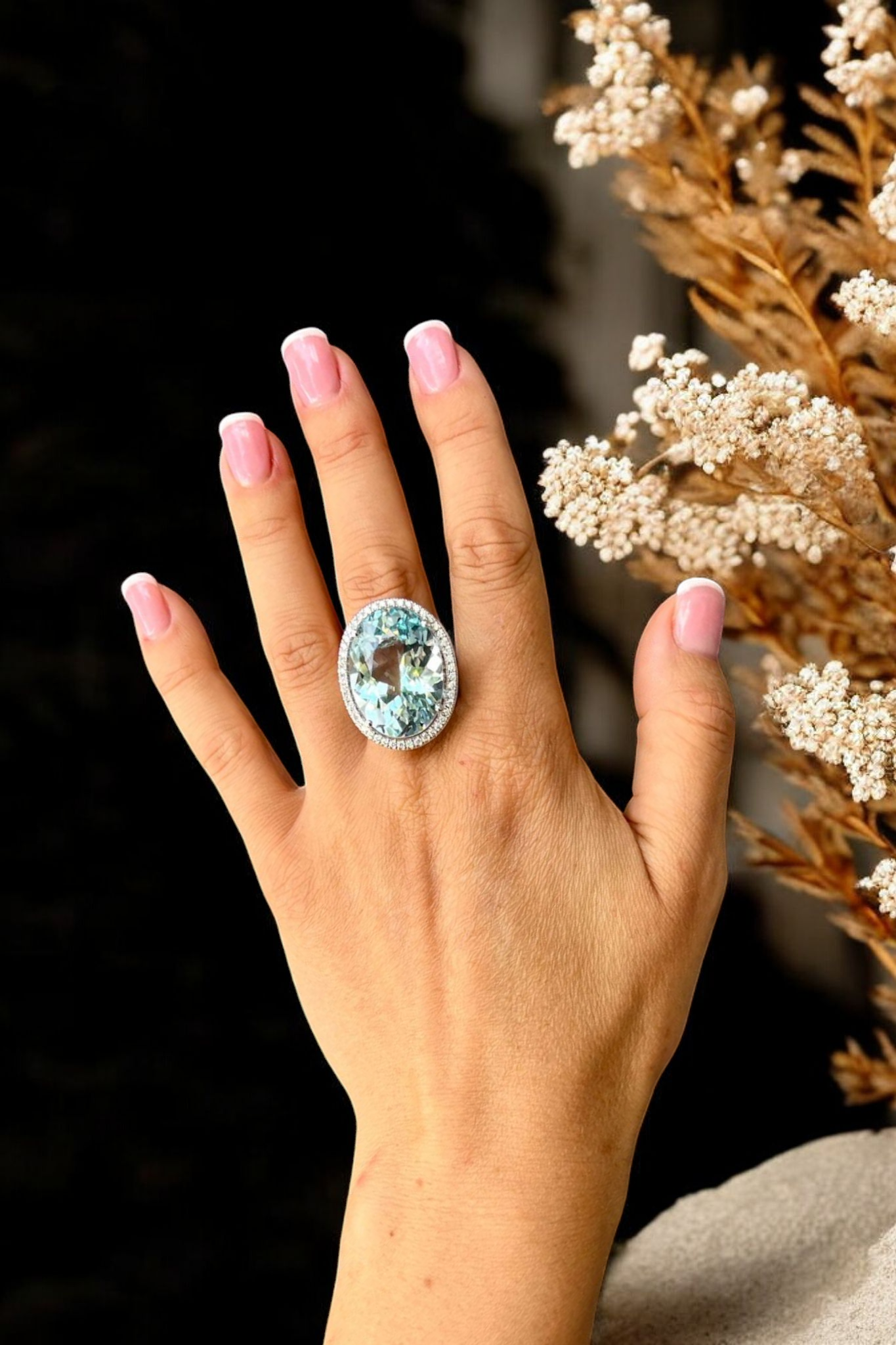 Certified hand made 34 Ct Sky Blue Topaz & Diamond Cocktail Ring in White Gold