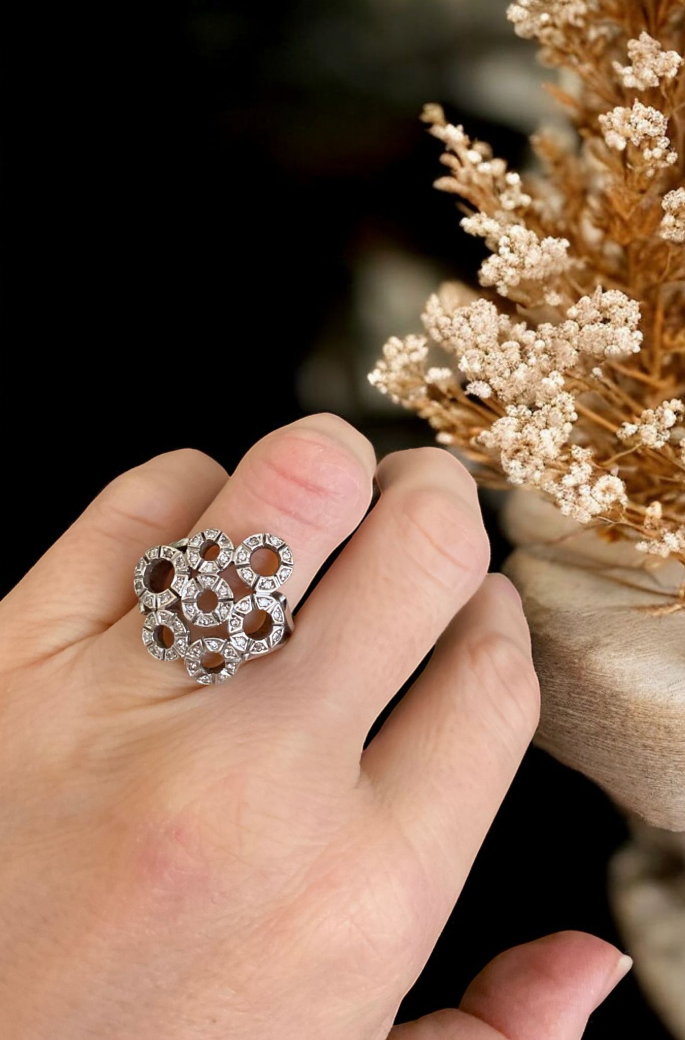 Original Vintage English Platinum Cocktail Ring with Diamonds