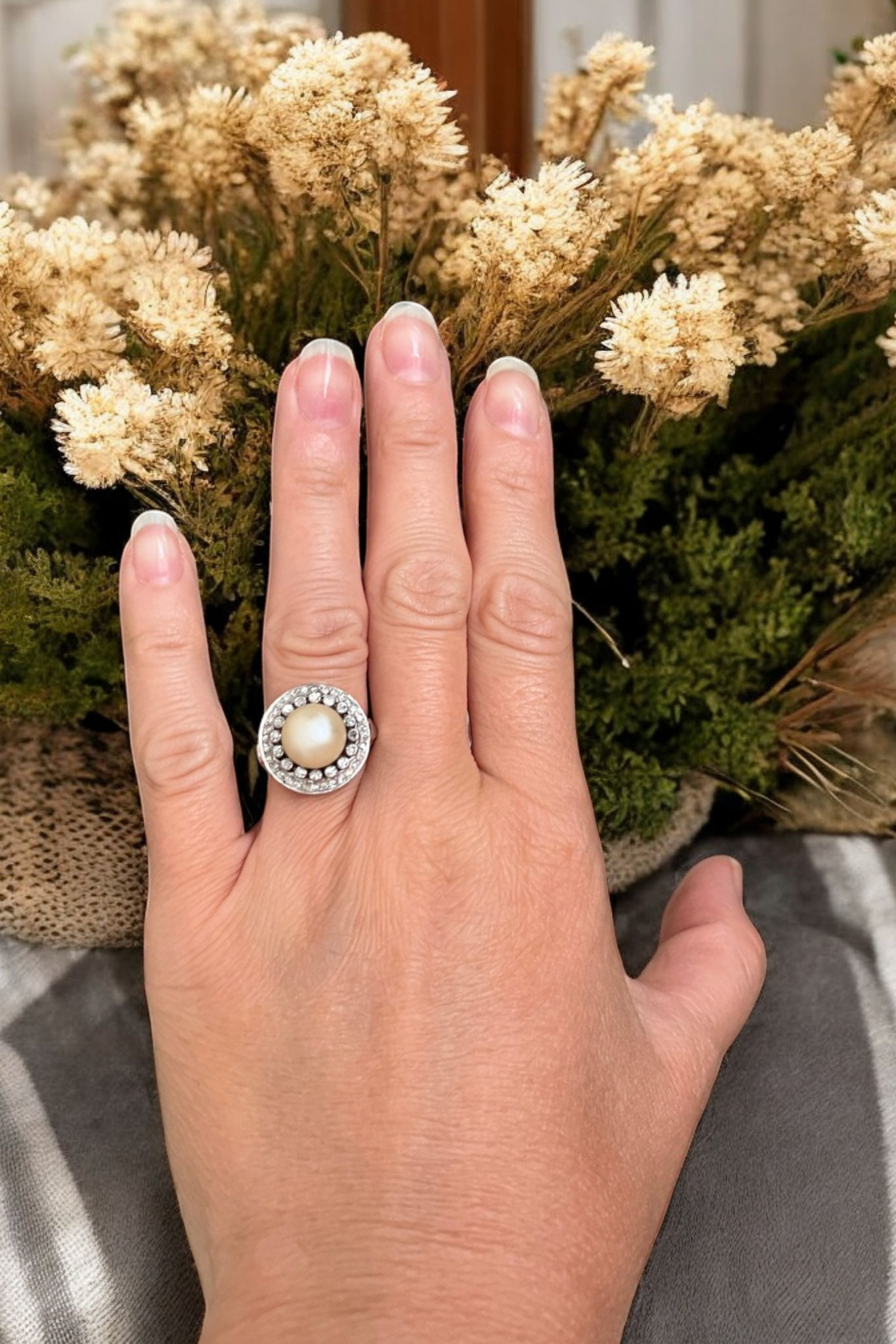 Original Late Art Deco Platinum Cocktail Ring with Diamonds & Pearl