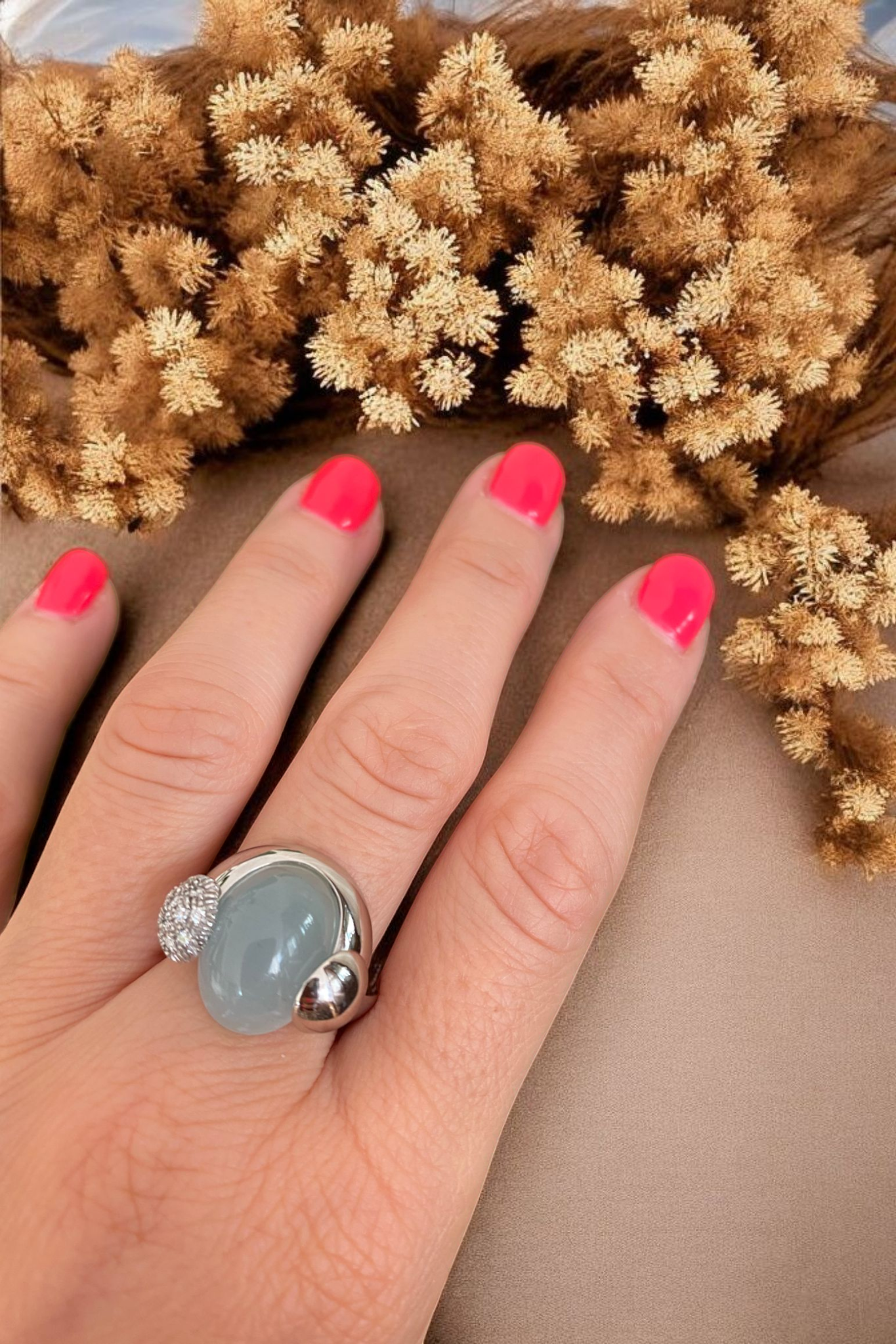 Talento Italiano 18K White Gold Fashion Ring with Cabochon Aquamarine & Diamonds