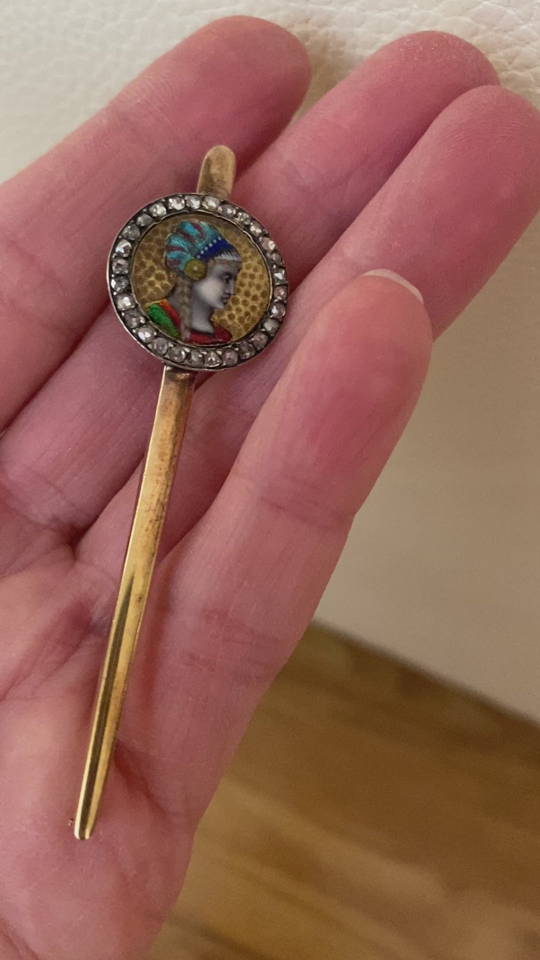 Important 8.7g Antique French 18 Karat Gold Art Nouveau Limoges Enamel Brooch