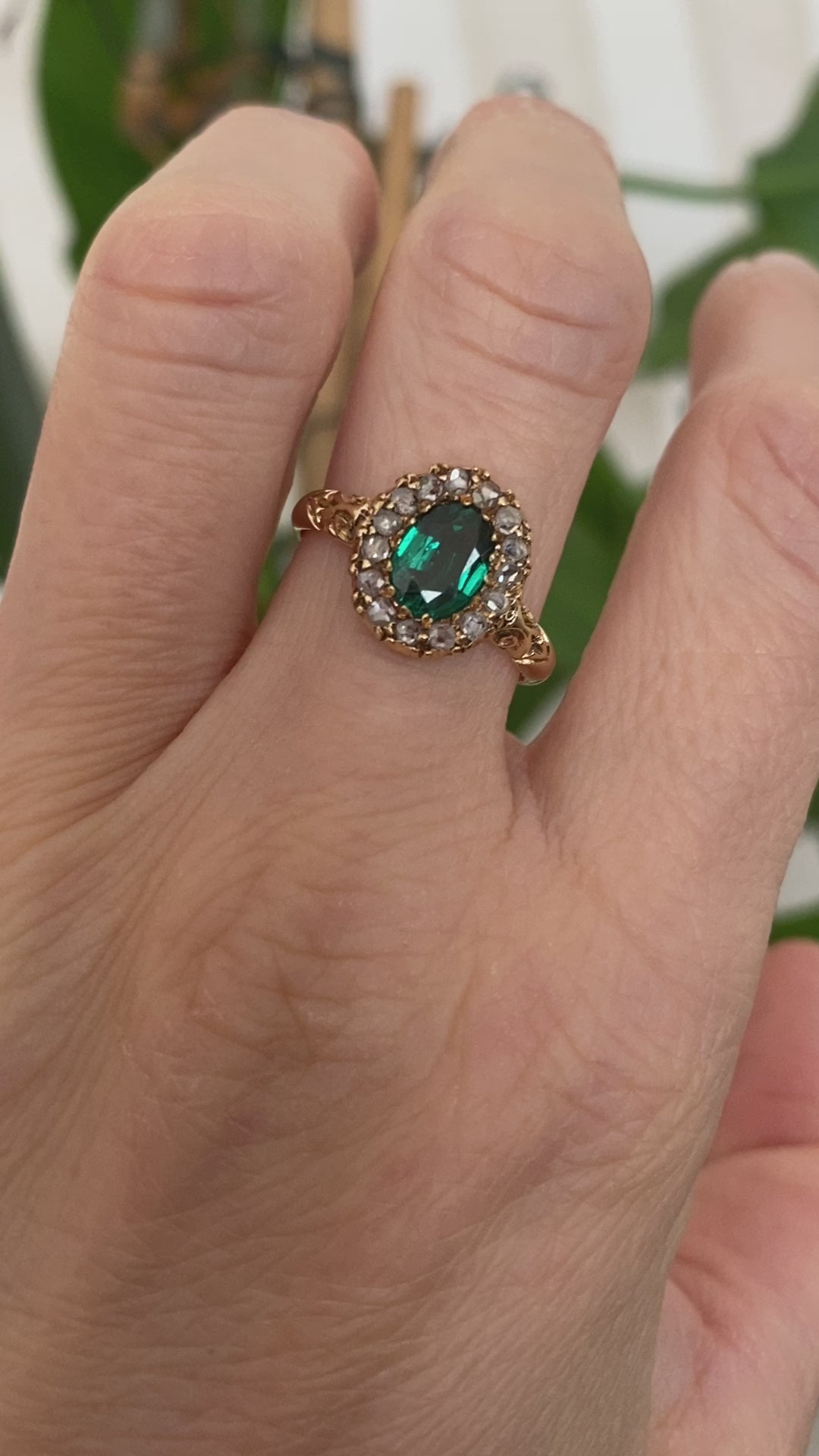 Antique Edwardian 18K Yellow Gold Green Garnet Doublet and Rose-Cut Diamond Ring