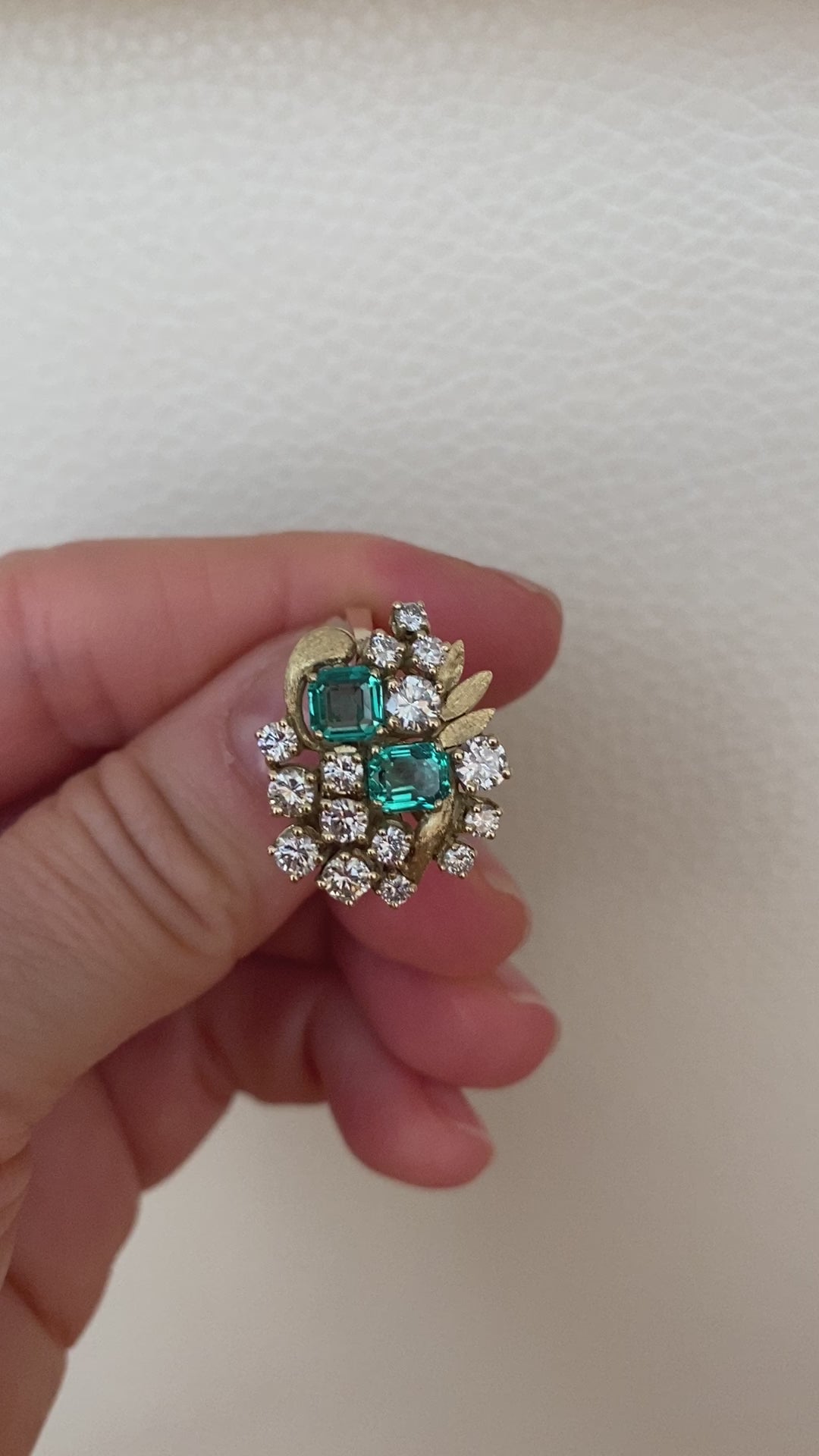 Vintage 14K Yellow Gold Diamond & Emerald Cluster Ring ca 1960, France