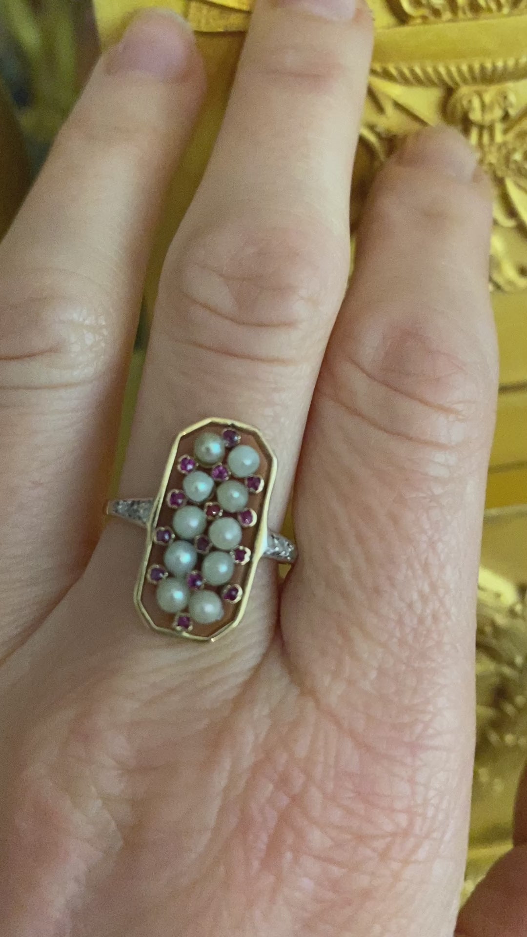 Antique Edwardian Pearl, Ruby & Diamond Ring in Gold